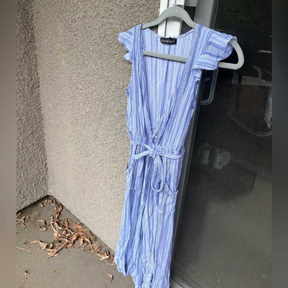 Blue & white flowy, wide-leg romper